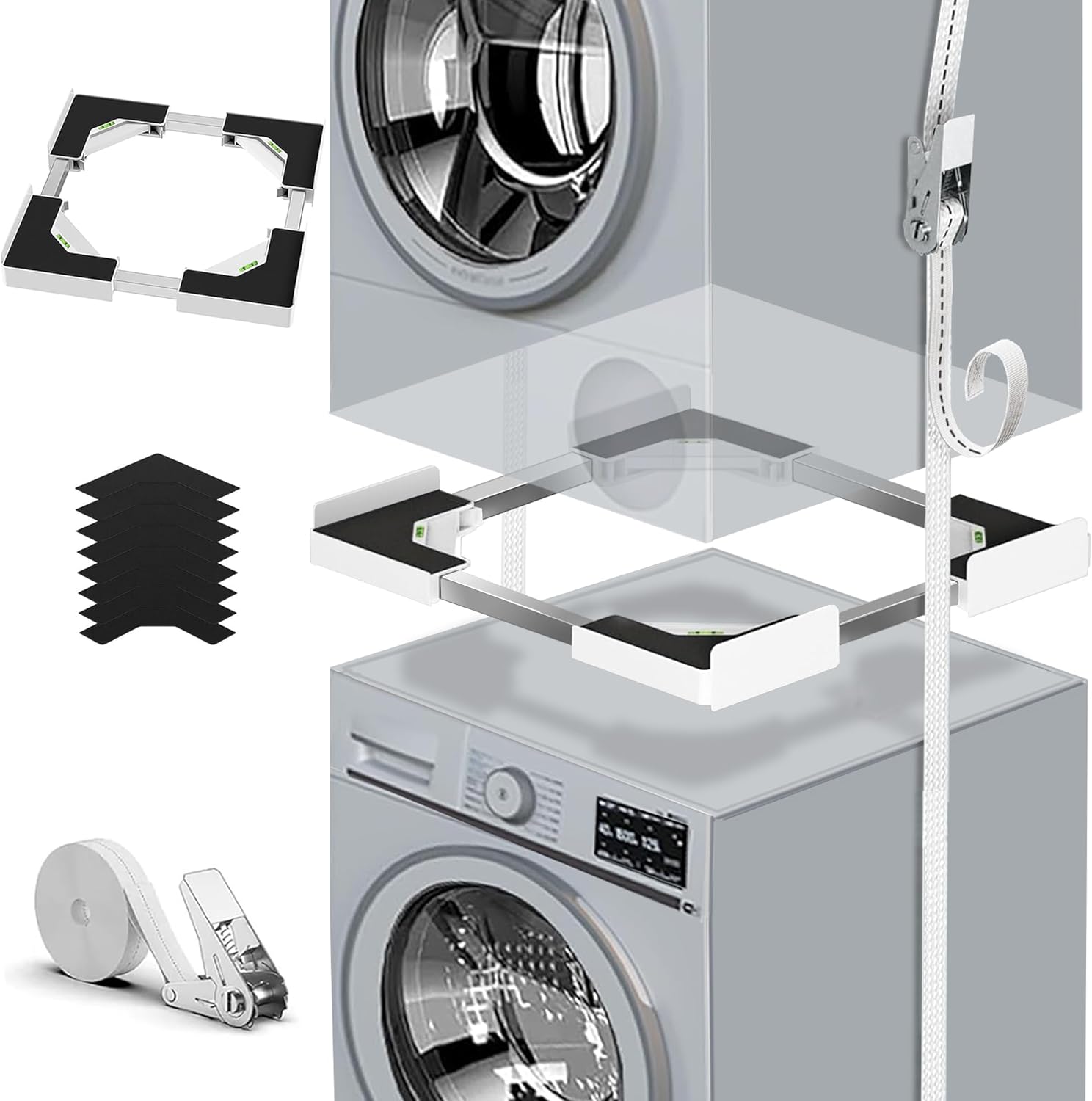 مجموعة تكديس عالمية للغسالة والمجفف، ملحقات الغسالة/المجفف، مع حبل بسقاطة، أبيض، مقاس قابل للتعديل (46-68 سم)