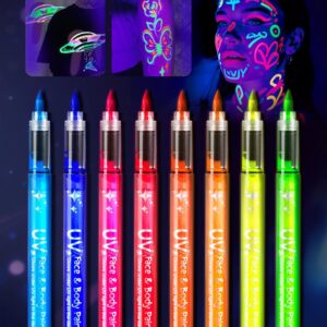 مجموعة طلاء وجه متوهجة في الظلام، 8 قطع، اقلام طلاء وجه نيون بالاشعة فوق البنفسجية وعلامات تاتو مؤقتة، مجموعة مكياج احتفالية قابلة للغسل للاطفال والكبار، طلاء جسم مقاوم للماء لاطلالة الهالوين والحفلات