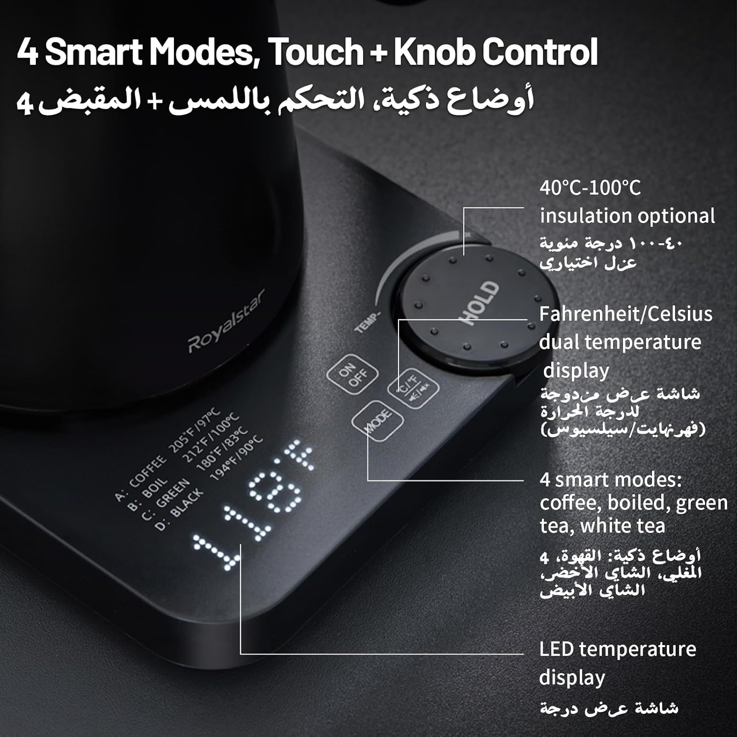 ROYALSTAR Electric Gooseneck Kettle with Precise Temperature Control from 40-100°C, Adjustable by ±1°C, 1.2L 1200W Fast Heating with 4 Preset Modes, Touch and Knob Control, for Coffee Milk and Tea 12 71DClsjWLaL. AC SL1500