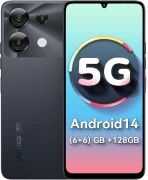 يوميدجي جوال G9 5G غير مقفل 12 (6+6) GB + 128GB/1TB TF قابل للتمديد، اندرويد 14، ثنائي شرائح الاتصال 5G، كاميرا 50MP، شاشة 6.75 انش HD+ 90Hz، هاتف اندرويد 5000mAh، خاصية فتح الوجه والبصمة، اسود