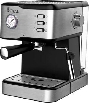 ماكينة تحضير قهوة رويال كابتشينو واسبريسو، مضخة 15 بار، خزان 1.5 لتر، 950 واط، غلاية سريعة، امنة للحرارة والضغط، فلاتر مزدوجة من الستانلس ستيل، حامل فلتر من الالومنيوم، لوحة اكواب من الستانلس ستيل