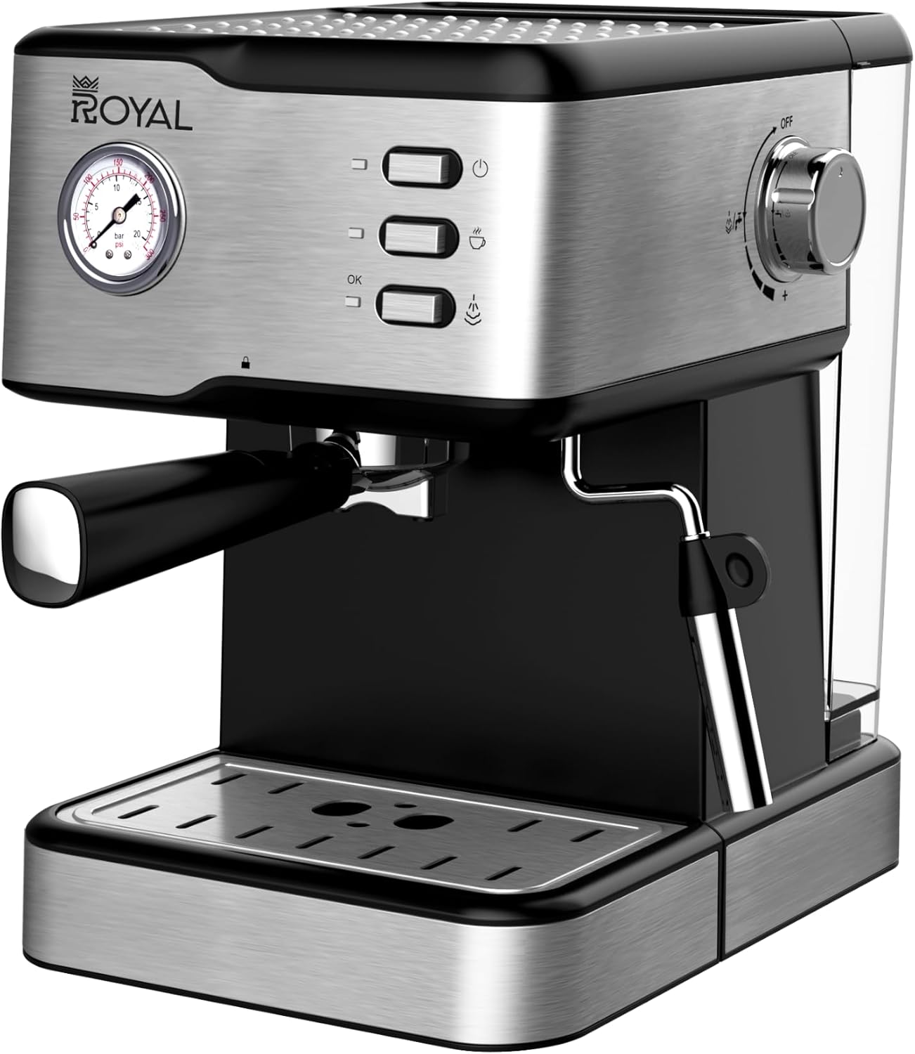 ماكينة تحضير قهوة رويال كابتشينو واسبريسو، مضخة 15 بار، خزان 1.5 لتر، 950 واط، غلاية سريعة، امنة للحرارة والضغط، فلاتر مزدوجة من الستانلس ستيل، حامل فلتر من الالومنيوم، لوحة اكواب من الستانلس ستيل 1 ماكينة تحضير قهوة رويال كابتشينو واسبريسو، مضخة 15 بار، خزان 1.5 لتر، 950 واط، غلاية سريعة، امنة للحرارة والضغط، فلاتر مزدوجة من الستانلس ستيل، حامل فلتر من الالومنيوم، لوحة اكواب من الستانلس ستيل
