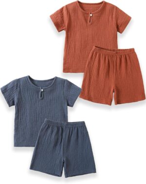 طقم صيفي يتكون من تيشيرت نصف كم وشورت مصنوع من قطن 100% مناسب للأولاد والبنات من عمر 1 إلى 4 سنوات من زوني، عبوة من 2 طقم