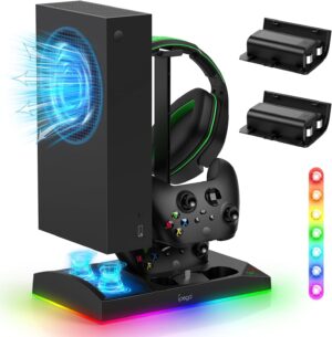 قاعدة شحن مروحة تبريد RGB مطورة لوحدة تحكم Xbox Series S ووحدة التحكم مع 15 وضع اضاءة ملون، ملحقات لـ XSS مع بطاريات قابلة لاعادة الشحن 2 × 1400 مللي امبير في الساعة