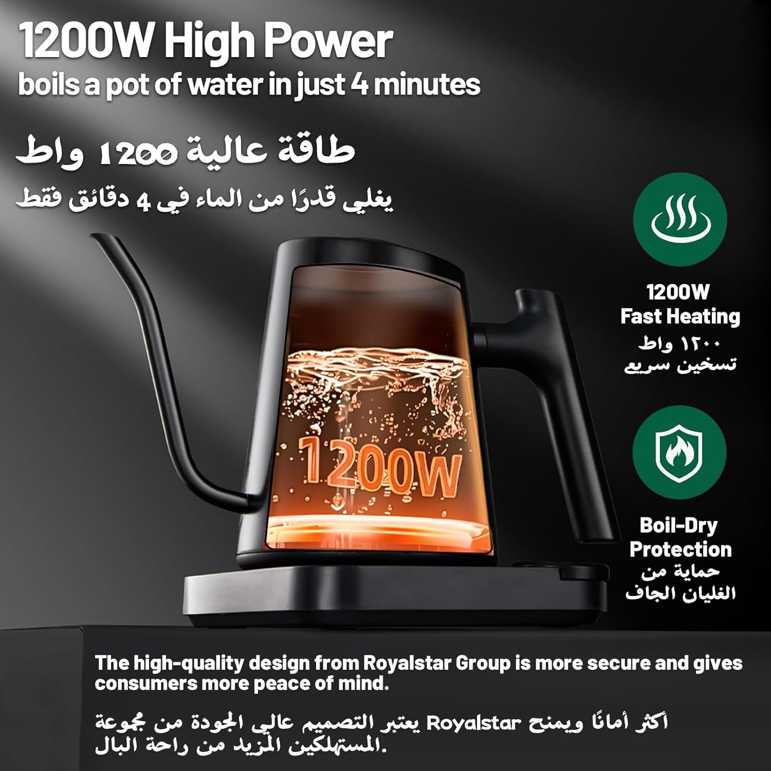 ROYALSTAR Electric Gooseneck Kettle with Precise Temperature Control from 40-100°C, Adjustable by ±1°C, 1.2L 1200W Fast Heating with 4 Preset Modes, Touch and Knob Control, for Coffee Milk and Tea 11 71dCKSnar4L. AC SL1500