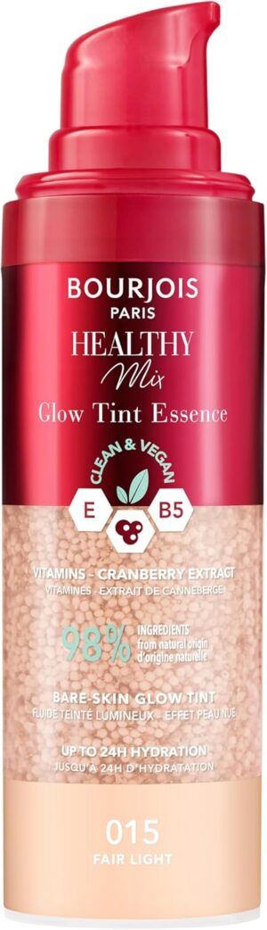 مرطب هيلثي ميكس 015 فير لايت، جلو تينت ايسنس بتأثير مرشح للبشرة الطبيعية ولمسة نهائية مشرقة وملمس منعش ومبرد بتركيبة نظيفة ونباتية من بورجوا، 30 مل