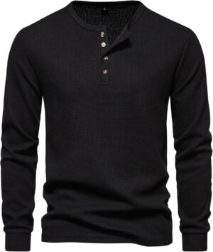 قميص هينلي وافل بقصة ضيقة وأكمام طويلة وأزرار بدون قبة للرجال من ميكينج دا