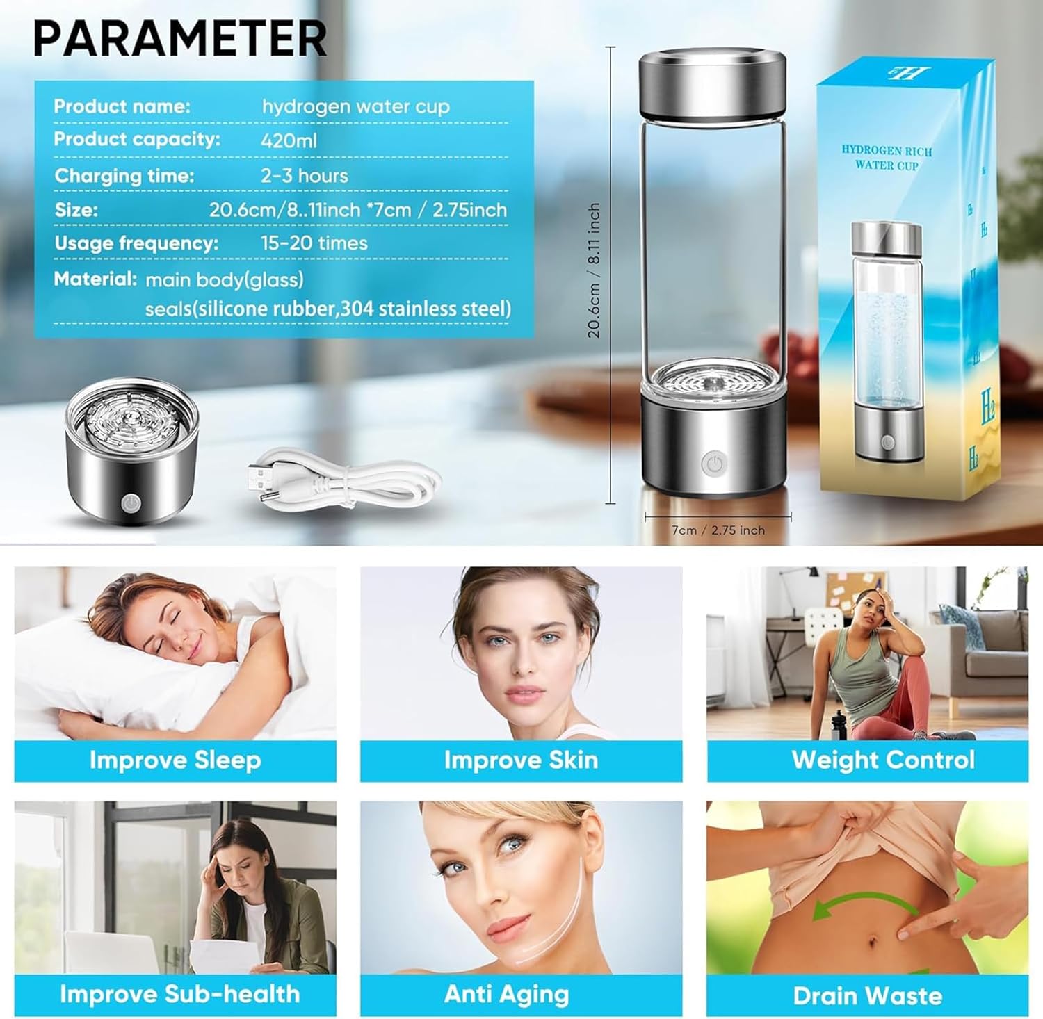 زجاجة مياه هيدروجين سعة 420 مل من يواند هوم، مولد مياه غني بالهيدروجين، الة مؤين ماء هيدروجين زجاجية محمولة للاستخدام اليومي والمكتب والسفر وتمارين اللياقة البدنية والشرب 14 71fMXlPaoZL. SL1500