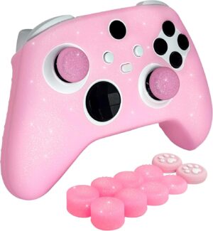 غطاء واقي من السيليكون مضاد للانزلاق بلون زهري لامع متوافق مع ذراع تحكم Xbox Series X/S، 8 قطع من اغطية مقابض الابهام اللامعة و2 غطاء مقبض.