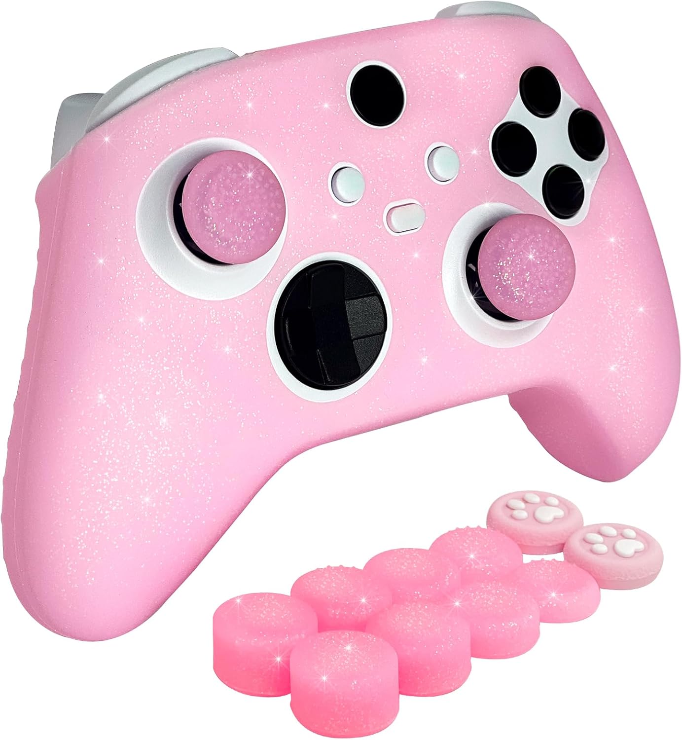 غطاء واقي من السيليكون مضاد للانزلاق بلون زهري لامع متوافق مع ذراع تحكم Xbox Series X/S، 8 قطع من اغطية مقابض الابهام اللامعة و2 غطاء مقبض.