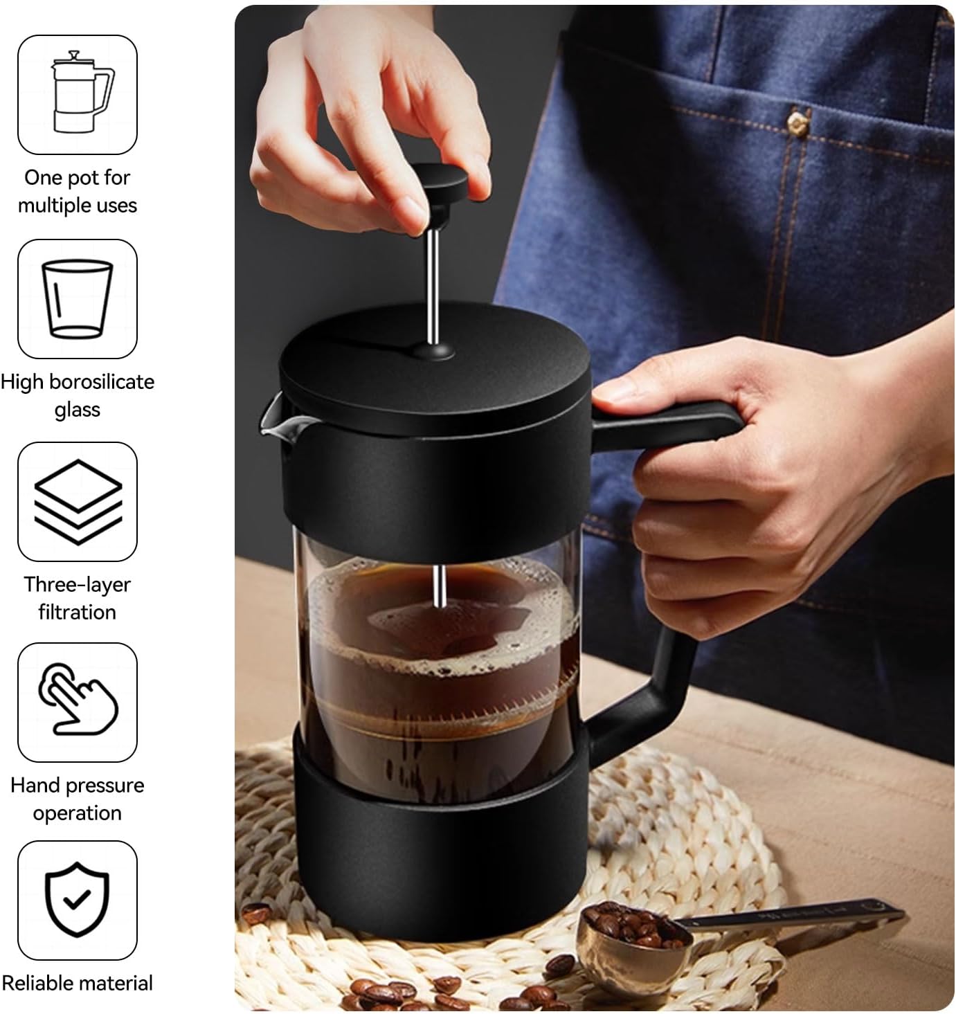 ماكينة تحضير القهوة والشاي الفرنسية من بروكسيما دايركت مع مغرفة قياس (1000 مل)، أسود 2 ماكينة تحضير القهوة والشاي الفرنسية من بروكسيما دايركت مع مغرفة قياس (1000 مل)، أسود - الصورة 2