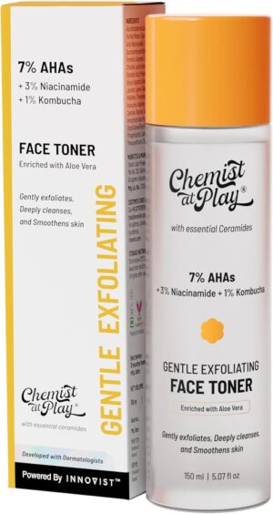 كيميست ات بلاي تونر للوجه بحمض الجليكوليك لتقشير لطيف وترطيب البشرة | مركب من 7% حمض الهيدروكلوريك و3% نياسيناميد و1% كومبوتشا | 150 مل