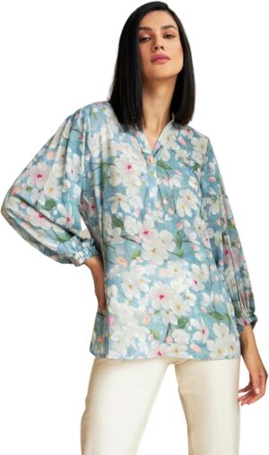 Leriya Fashion Women's Rayon Floral Printed Shawl Collared Neck Fancy Shirt Style Western Top for Girls Long Cuff Sleeves Shirt for Office Party Travel Outing Holidays Wear Tunic