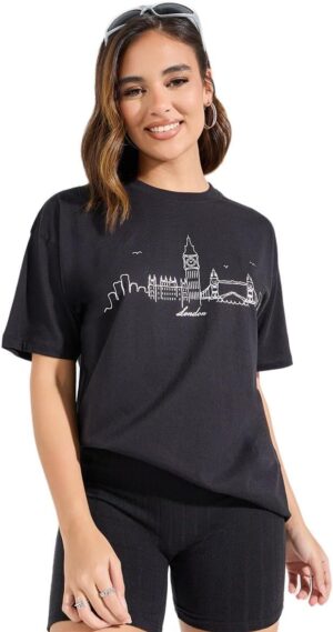 حراج السعودية ديلز: تسوق أونلاين | الإلكترونيات، الأزياء، الجوالات، البقالة Haraj Deals 76 Styli Women 7008400801 Oversized Foil Print Round Neck T-Shirt