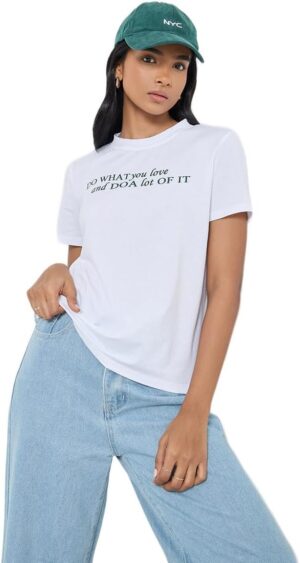 Styli Women White Regular Fit Slogan T-Shirt