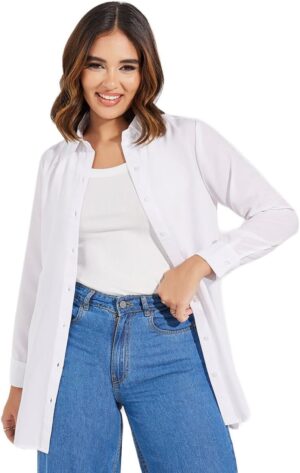 قميص طويل منسوج سادة مع فتحة بأزرار للنساء من ستايلي، مقاس L، لون أبيض