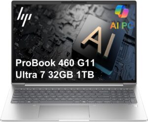 لابتوب اتش بي بروبوك 460 G11 للاعمال (16 انش FHD+، انتل الترا 7 155U، 32GB DDR5 RAM، 1TB SSD) اتش بي وولف سيكيورز كيبورد رقمي باضاءة خلفية، كاميرا ويب بالاشعة تحت الحمراء 1080P، بصمة اصبع، ايثرنت