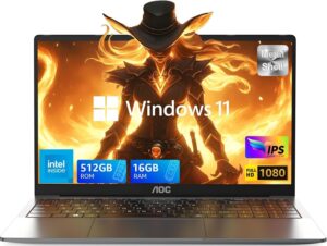 AOC لابتوب محمول AX15 15.6 انش مع معالج انتل الدر ليك-ان ان 97، ويندوز 11، ذاكرة RAM 16GB، SSD 512GB، لابتوب مكتبي للطلاب ومحترفي الاعمال