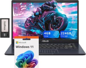 لابتوب بشاشة FHD 14 بوصة فائق الخفة من اسوس، انتل بنتيوم N6000، 4GB RAM، سعة تخزين 224GB،64GB eMMC + مجموعة قاعدة شحن 160GB، بطاقة رسومية انتل UHD، يدعم AI، إمكانية تشغيل Copilot، ويندوز 11، أسود