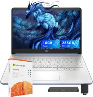 HP لابتوب ستريم 14 انش HD، معالج انتل N150، ذاكرة RAM 16GB، تخزين 288GB (128GB SSD + قاعدة شحن 160GB)، بطاقة رسومات انتل، اوفيس 365 لمدة عام، كوبايلوت، شحن سريع، واي فاي 6، ويندوز 11 اس، ازرق