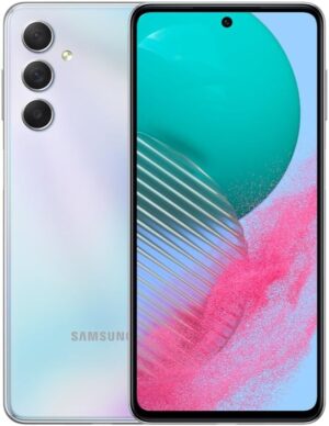 سامسونج جوال جالكسي M54 ثنائي شرائح الاتصال بذاكرة روم 128GB + 8GB (جي اس ام فقط | بدون سي دي ام ايه) هاتف ذكي 5G مفتوح من المصنع (فضي) - اصدار عالمي