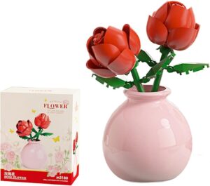 باقة زهور ذاتية الصنع، مكعبات بناء على شكل وردة حمراء صناعية مع مزهرية، مجموعة ديكور مكتب يدوية الصنع مبتكرة للمنزل والمكتب، مجموعة حرفية مثالية لتقديم الهدايا، مجموعة لون احمر