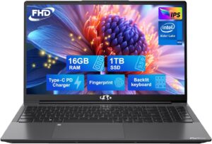 نيمو لابتوب 15.6 IPS FHD وذاكرة RAM 16GB وSSD 1TB بنتيوم رباعي النواة N100 وكيبورد باضاءة خلفية وبصمة اصبع (يتفوق على i3-1115G4 حتى 3.4GHz) للطلاب، ويندوز 11، رمادي