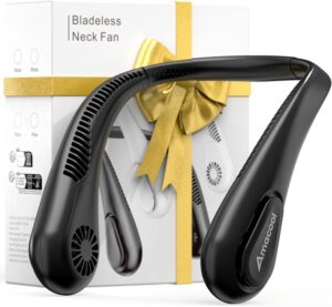 مروحة تبريد قابلة للارتداء للرقبة بدون شفرة تعمل ببطارية 5000mAh، اقصى وقت للعمل 21 ساعة مع 4 سرعات وقابلة للشحن عبر منفذ USB C للسفر خارج المنزل والشرفة والحديقة والمنزل والمطبخ والعمل، لون اسود