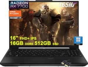 لابتوب ألعاب اسوس TUF A16 16 بوصة FHD+ 165Hz sRGB 100%، AMD ثماني نواة رايزن 7 7735HS، 16GB DDR5 512GB SSD، راديون RX7700S 8GB جرافيكس (>RTX4060) إضاءة خلفية USB-C USB4 ويندوز 11 برو وكيبل HDMI، أسود