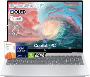 HP لابتوب اومني بوك 7 بشاشة لمس 16 انش OLED 120Hz - انتل الترا 7 255H بيت AMD رايزن 9 8945H -RTX 4050 - ويندوز 11 برو اوفيس 365-32GB RAM -1TB SSD - كلية الاعمال - كمبيوتر محمول مساعد