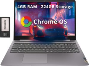 لينوفو ايديا باد 3 15.6 انش FHD كروم بوك، انتل سيليرون N4500، 4GB LPDDR4X، تخزين 224GB (64GB SSD + مجموعة قاعدة شحن 160GB)، لوحة ارقام، كاميرا ويب، واي فاي 6، نظام تشغيل كروم، رمادي