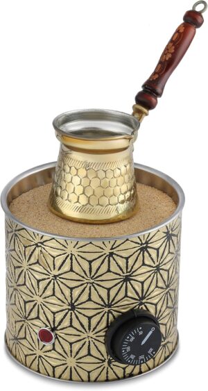 ماكينة تحضير القهوة الكهربائية التقليدية الاصلية من النحاس التركي من توليفوميف، ماكينة تسخين القهوة الصغيرة مع وعاء قهوة، ماكينة تسخين قهوة صغيرة تقليدية نحاس تركي اصلية كهربائية ذات رمل ساخن