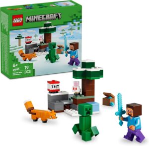 ليغو Minecraft‎ مغامرة ستيف في غابة الصنوبر تايغا، منتج ألعاب فيديو للأطفال بعمر ٦ سنوات وأكثر، مجموعة قابلة للتجميع مع نماذج ستيف والثعلب وكريبر وأرنب صغير، هدية عيد ميلاد الأطفال (٧٩ قطعة) 21583
