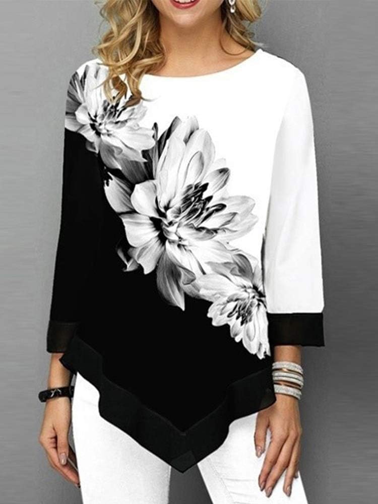 1784859180 بلوزة نسائية من Domary Fashion مطبوعة عليها زهور مقاس كبير 34 أكمام غير منتظمة خط عنق O قمصان ربيع تيز كاجوال بلايز