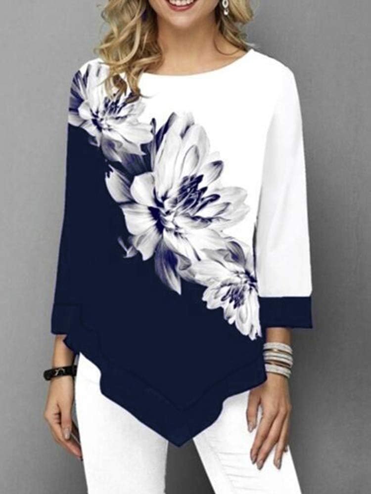 1785310298 بلوزة نسائية من Domary Fashion مطبوعة عليها زهور مقاس كبير 34 أكمام غير منتظمة خط عنق O قمصان ربيع تيز كاجوال بلايز