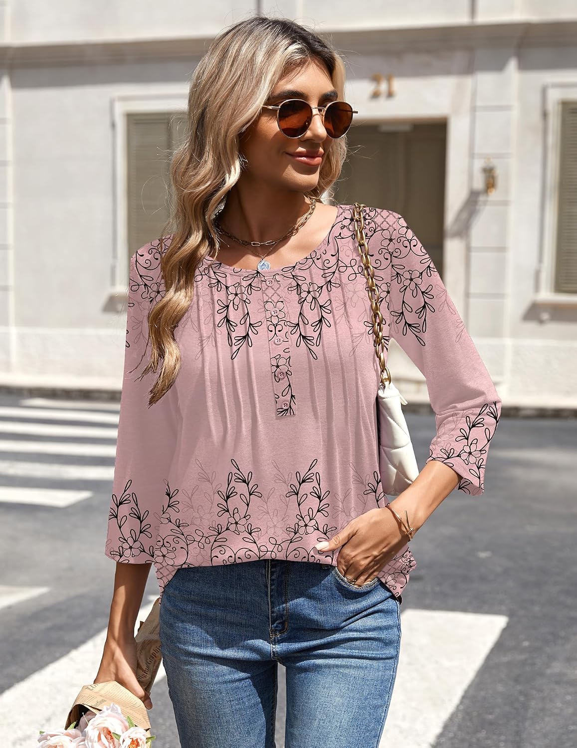 1785639405 Zeagoo 34 Length Sleeve Womens Tops Round Neck Casual Summer Tunic Tops Basic Tees Blouses Dressy T Shirts Pleated Shirts