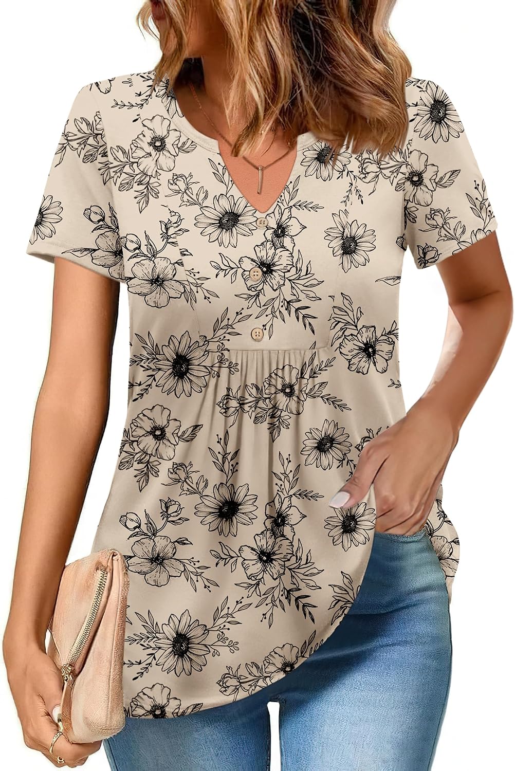 Zeagoo Womens Short Sleeve Tops Summer Henley V Neck Tshirts Casual Pleated Blouse Dressy Loose Floral Basic Tee