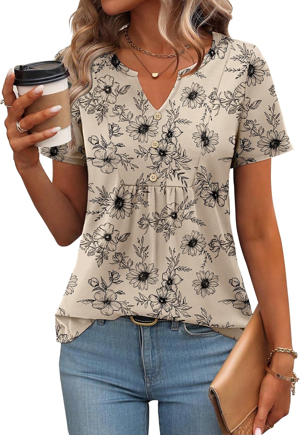 Zeagoo Womens Short Sleeve Tops Summer Henley V Neck Tshirts Casual