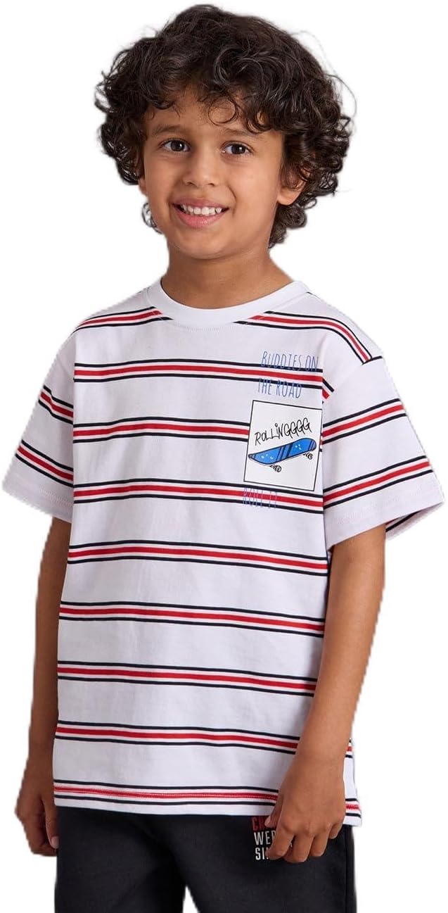 REDTAG Boys White Striped T-Shirt
